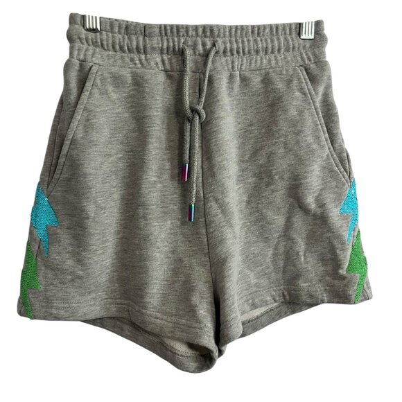 QUEEN OF SPARKLES KIDS SHORT XS GRAY LIGHTNING BLUE GREEN SEQUIN ELASTIC WAIST - Picture 1 of 7
